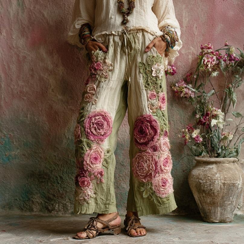 Elegant Women's Straight-Leg Pants with 3D Floral Print – New Season Style
