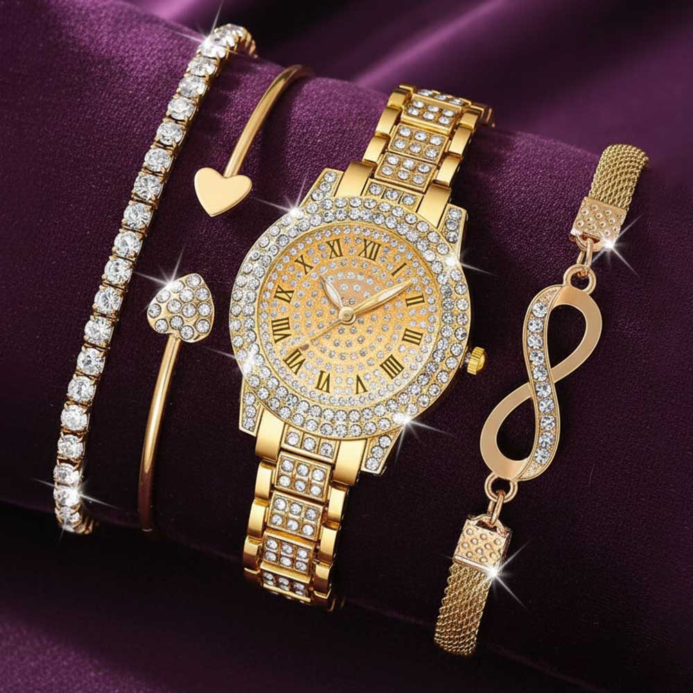 4PCS Luxury Women s Watch Set Trendy Fashion with Rhinestones Roman Numerals Round Dial Quartz watch Bracelet set Perfect Gift