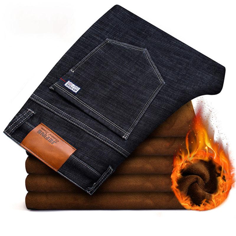 Winter Warm Plush Jeans Men's Thick Thermal Casual Straight Denim Pants Male Business Work Stretch Trousers Clothing