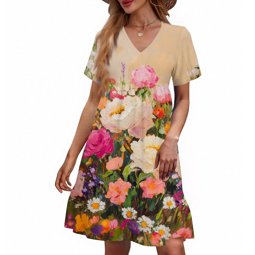 Women's Casual Fashion V-Neck Short Sleeve Floral Print Dress