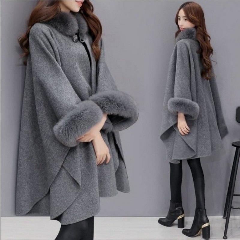 Coat Female Tide In The Fall and Winter Large Rabbit Hair Collar In The Long Tweed Coat Temperament Cape Shawl Hepburn Wind Tweed Large Size