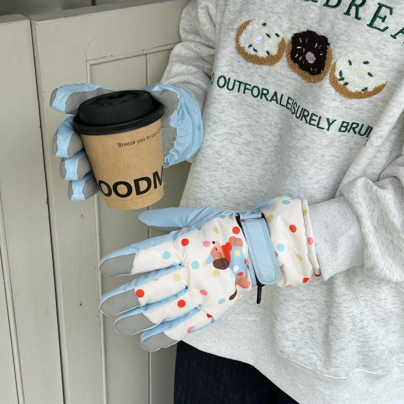 Kadın Kış Karikatür Köpekçik Kayak Eldivenleri: Dokunmatik Ekranlı, Rüzgar Geçirmez, Kadife Astarlı, Dış Mekan Sürüşü İçin Parmak Ayrık