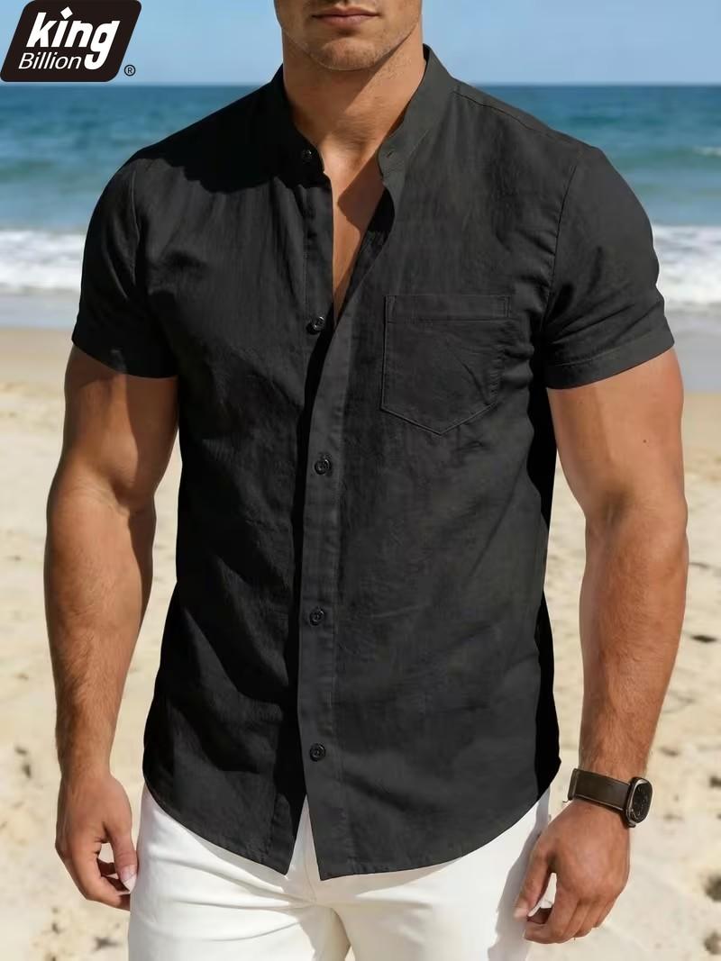 Men s Mandarin Collar Linen Blend Shirt - Short Sleeve Button-Up with Chest Pocket Casual Summer Beach Vacation Top S