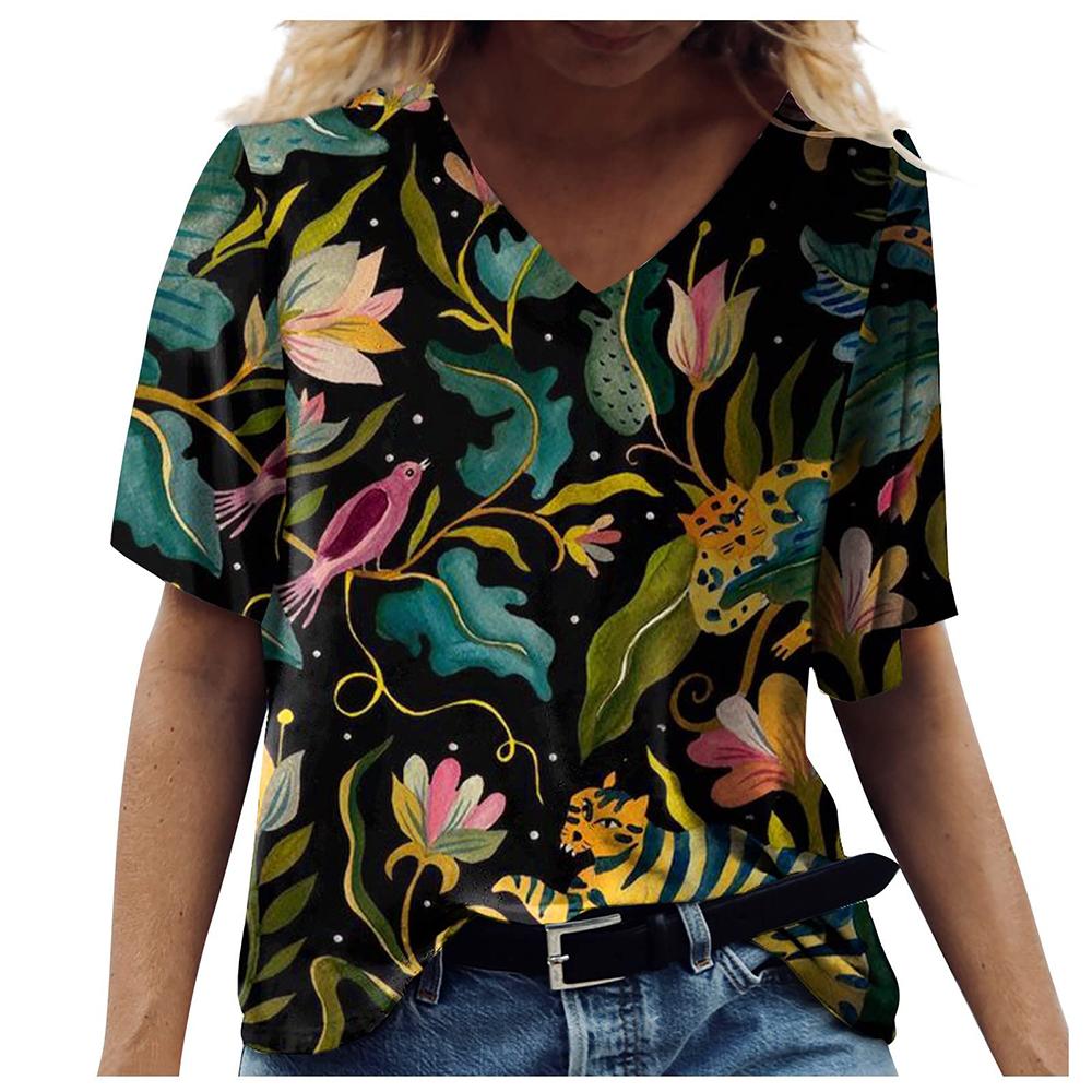 Ny fransk dame V-hals Kontrast Fritid V-krage T-skjorte med blomstertrykk 2023 Vår Sommer Slim Fit Kortermet T-skjorte for kvinner