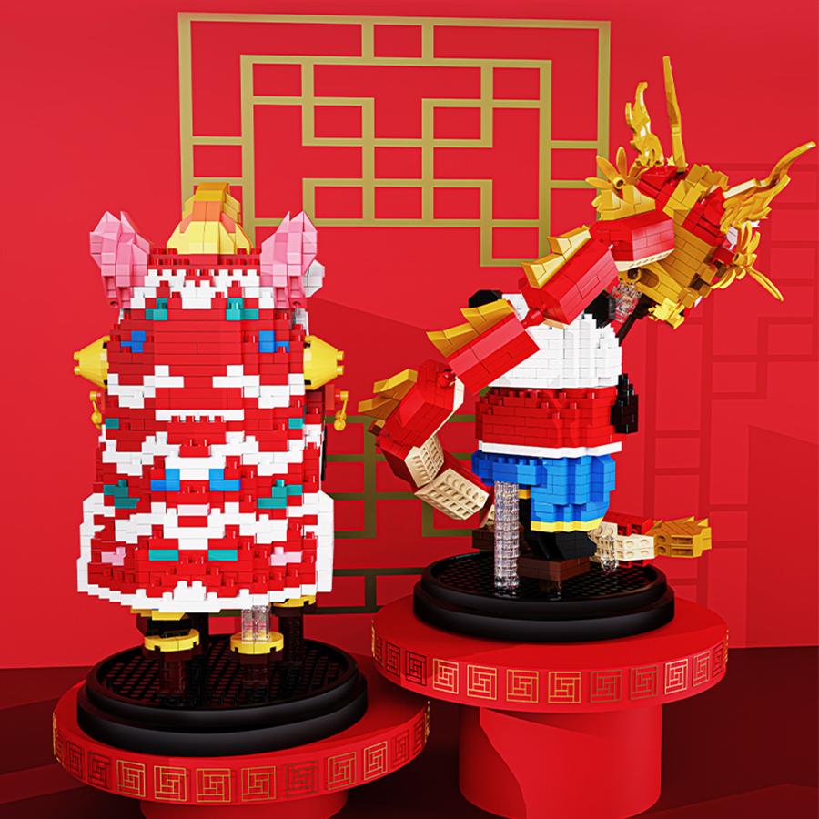 Non-Toxic Happy New Year Kids Toys Panda Building Blocks Micro Blocks Dragon Lion Dance Chinese Style Decorations Gifts Sets