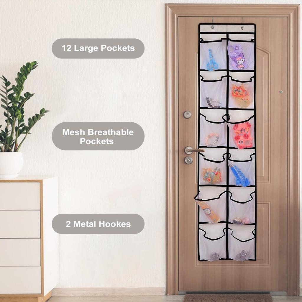 12 Large Pockets Over Door Hanging Shoe Organizer, White