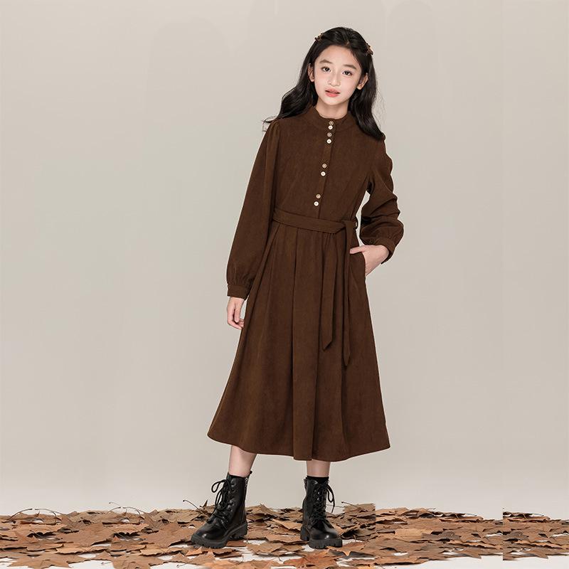 

Teen Girls High-Neck Belted Dress, New Autumn/Winter French Style, Family Wear, Large Swing Skirt Size 130