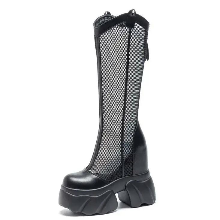 Fashion 11CM Air Mesh Ankle Boots Microfiber Leather Summer Fashion Shoes Knee High Booties Platform Wedge Flats Hollow Sandals Women