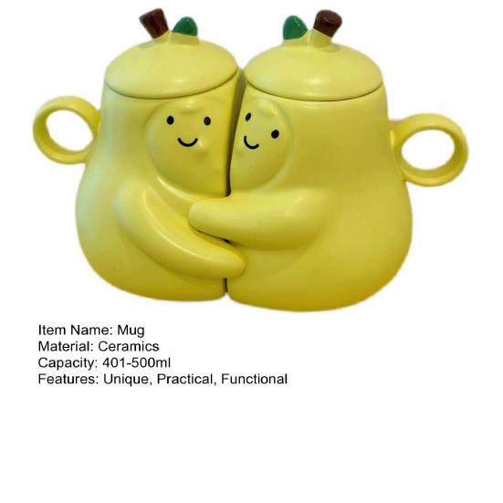 2Pcs Pear Shaped Ceramic Mug with Lid Cute Unique Coffee Tea Cup with Smiling Face 450ml Capacity Couple Hug Mugs Gift for Birthday Home Decor