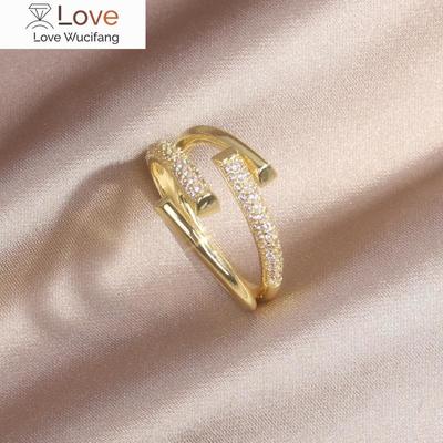 Korea Design Modeschmuck 14K Echtgold Plating Doppelkreuz Zirkon Ring Eleganter Damen Öffnung Einstellbar Ring