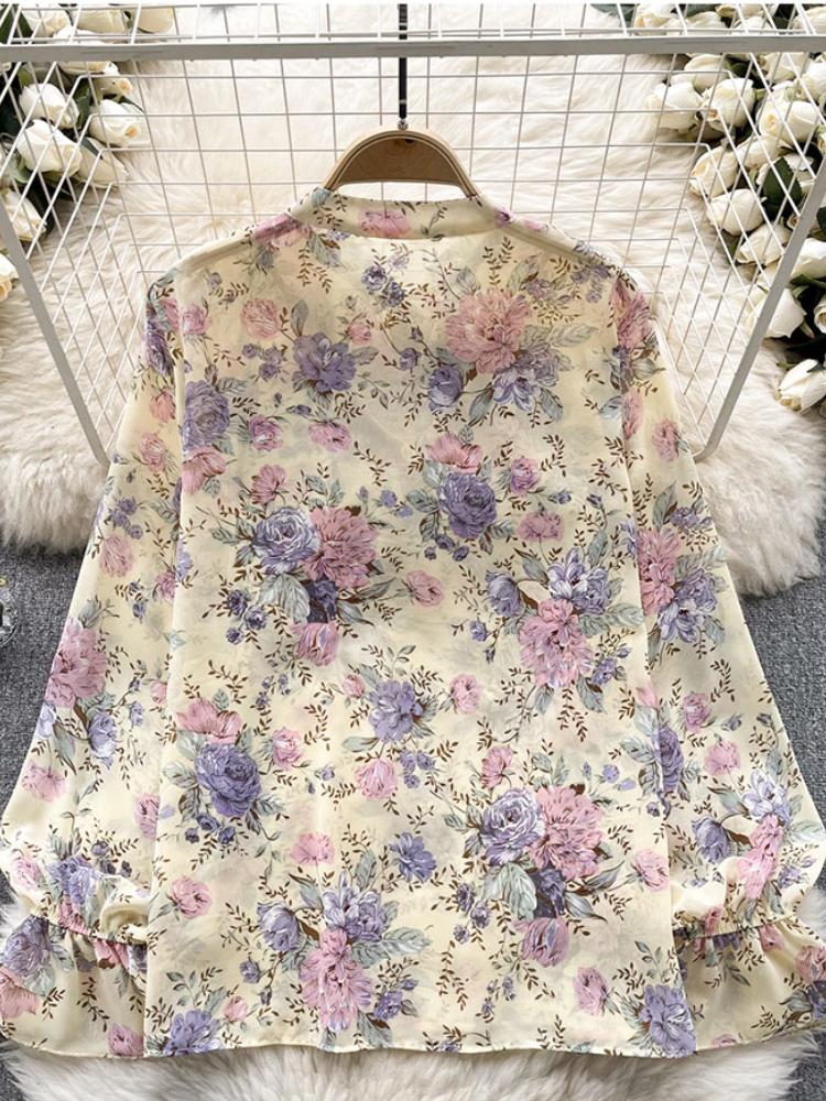 Damen Frühlingsbluse Elegantes Hemd mit Schleifenkragen Patchwork Plissierter Rüschenrand Slim Fit Oberteile Französischer Stil Puffärmel Lässige Bluse