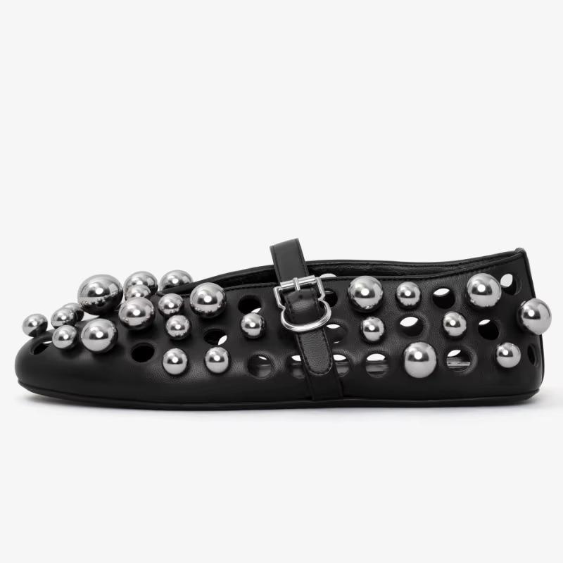Fashion Luxury Black Pearl Round Head Buckle Ballet Sandals Summer Autumn Metal Hollow Commuting Casual Mary Jane Single Shoe Size 45