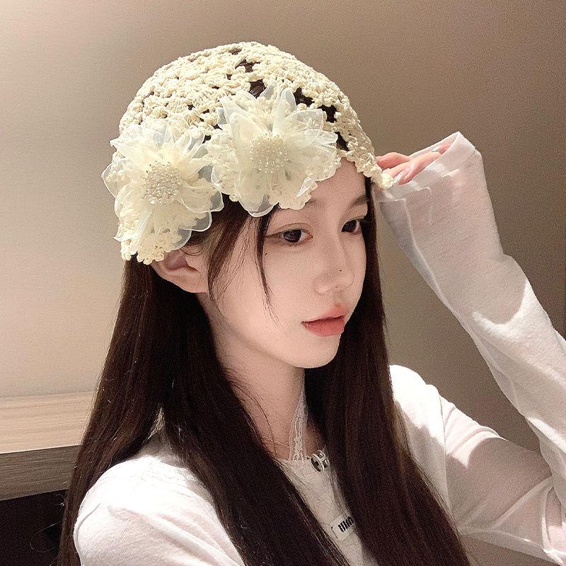 Women's Summer Pearl Flower Lace Hat Handmade Crochet Hollow Versatile Head-Wrapping Slouchy Hat