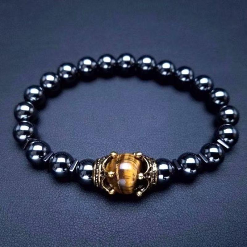 Men'S Stylish Natural Stone Bracelet Vintage Crown Symbol Of Power Hematite Beads Gift For Friends Natural Tiger Eye Beads