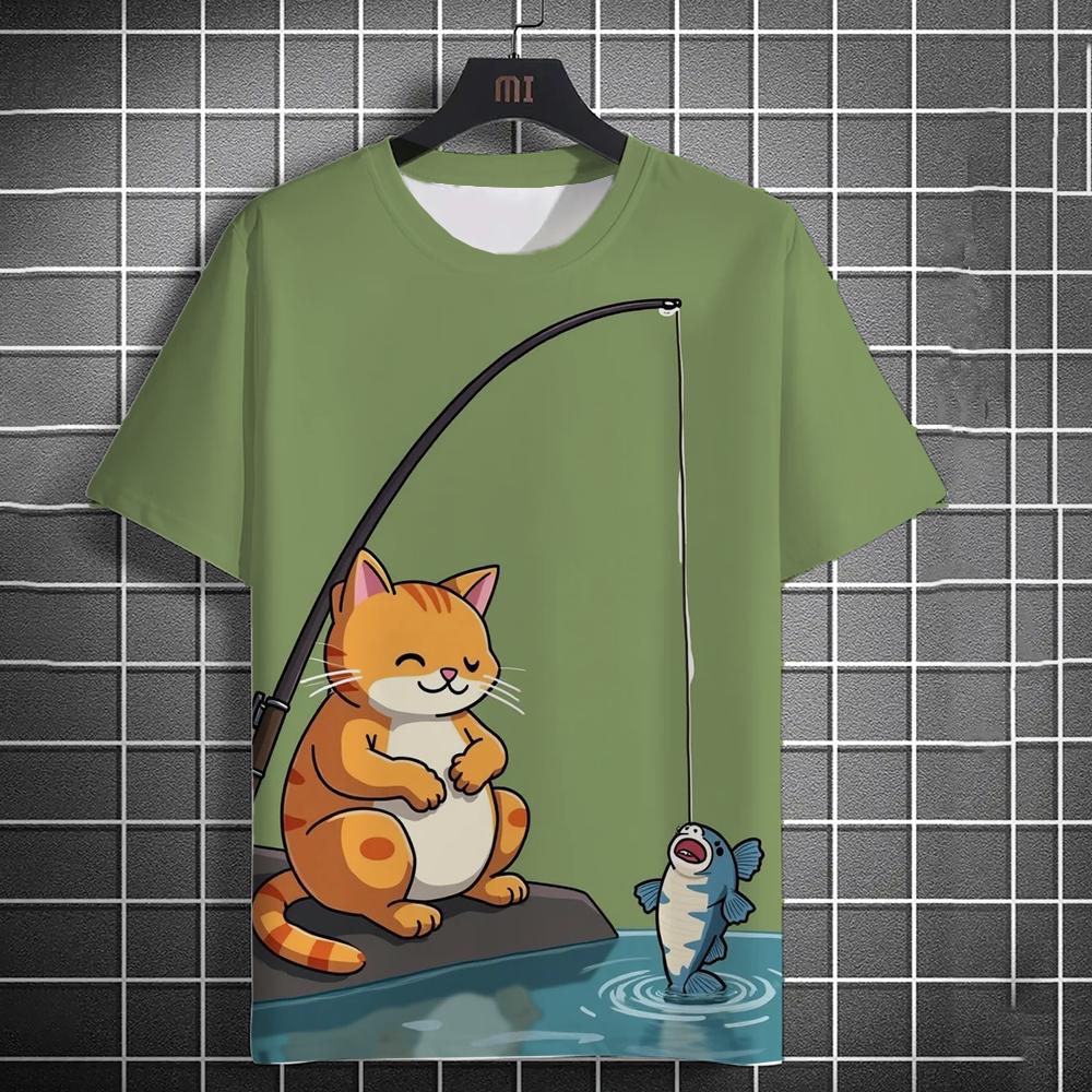 Summer Round Neck Ocean Cat Pattern 3D Print Top Fashionable Casual Short Sleeved Men's T-shirts