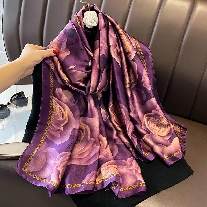 Painting Floral Design 100% Silk Feeling Scarf For Women 180X90Cm Shawl Wraps Luxury Female Hijab Headband Foulard Beach Stoles