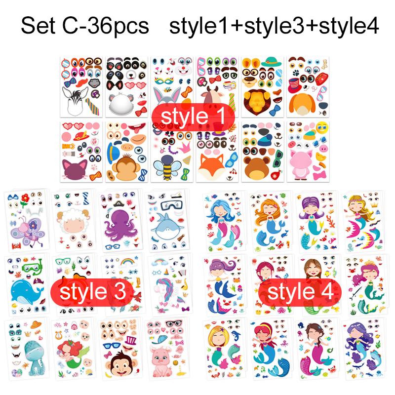 36/48pcs Children Face Changing Sticker Toy Cartoon Animal Stickers Reusable Waterproof Parent Child Interactive Toys TMZ