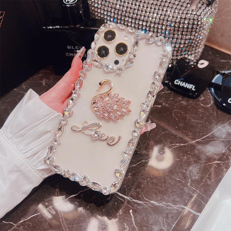 For Apple 16 Mobile Phone Case for IPhone15 Rhinestone 14 Swan Xsmax Letters XR Transparent Acrylic Ins