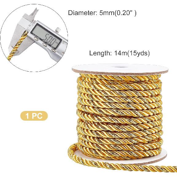 PH PandaHall 5mm Gold Cord Rope 15 Yards Metallic Twine Cord 3-Ply Polyester Shiny Cord Thread Decorative Rope for Home Décor Upholstery Curtain