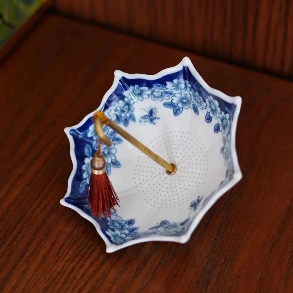 Creative Blue and White Umbrellas Tea Bowls Ceramic Filter Screens Tea Ceremony Accessories Decorations and Ornaments