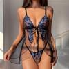 Sexy Lingerie Women Erotic Sleepwear Ultra-Thin Embroidered Mesh Suspender See Through Dress Deep V Sex Nightgown Thong Sets