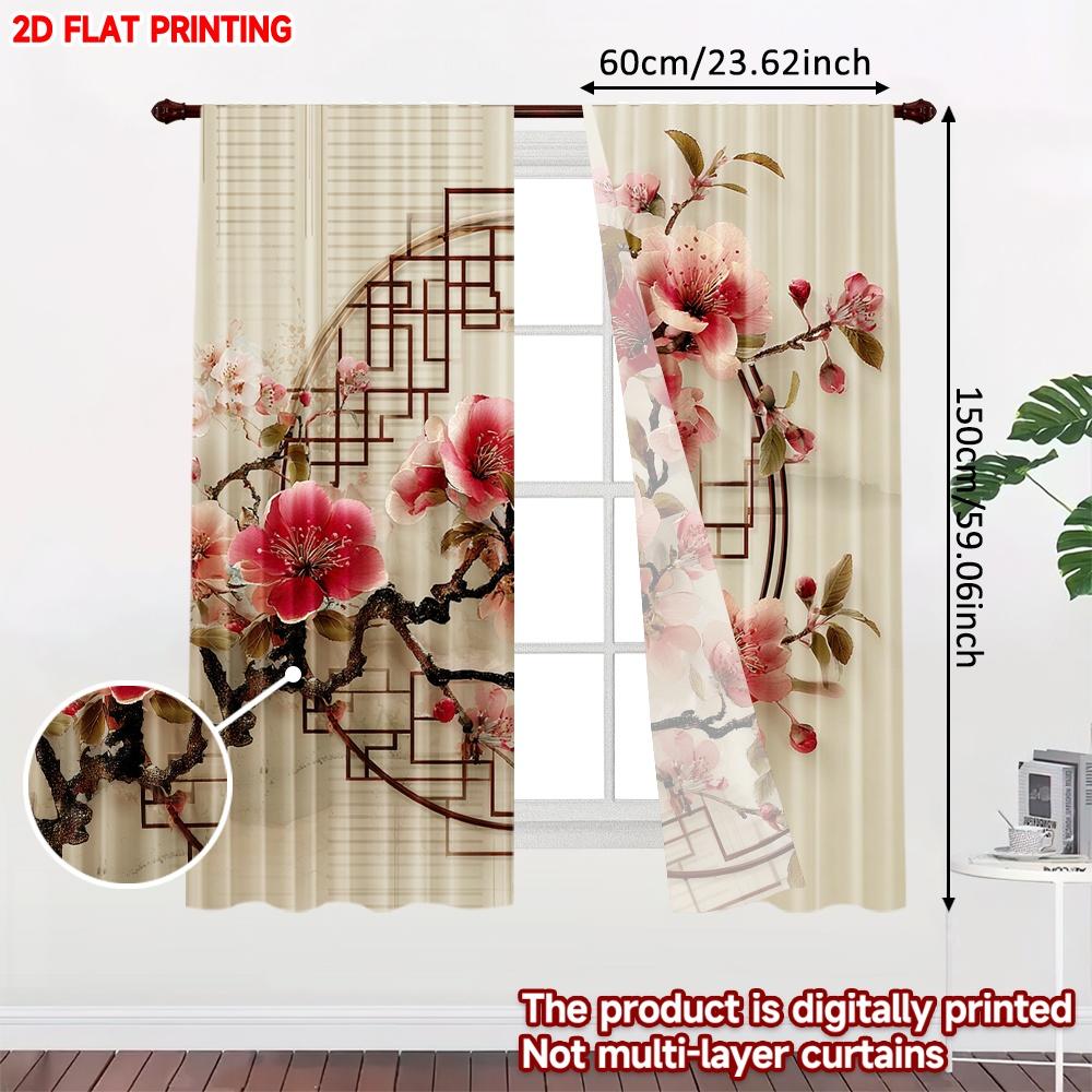Set Of 2 Red Floral Chinese Lattice Curtains Oriental Pattern Blossoms Branches Asian Style Bedroom Classic Made Polyester Sleeping Area Window