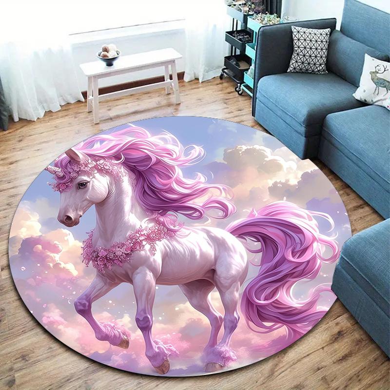 1Pc Cute Unicorn Circular Print Rug - Home Decoration Carpet For Living Room Bedroom Flooring Computer Chair Area Rug