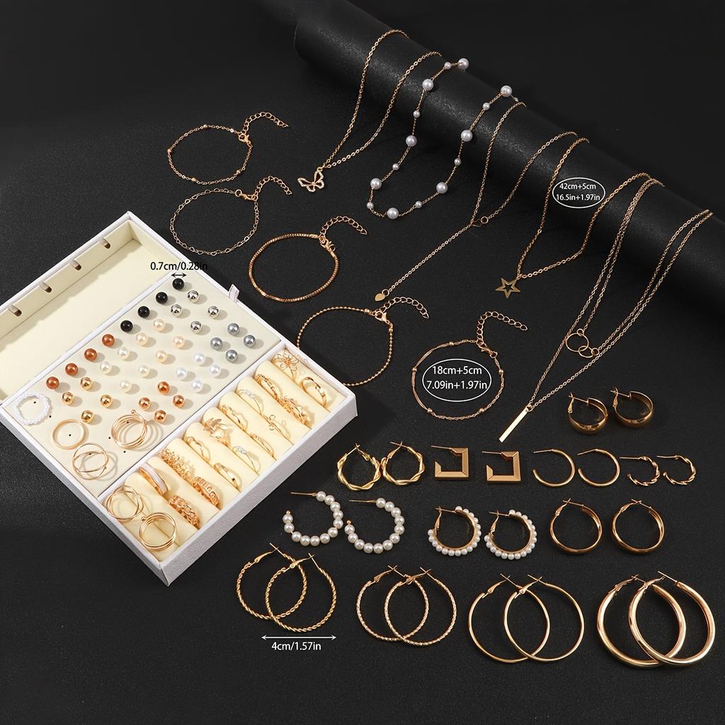 17KM 92Pcs Women's Fashion Jewelry Set Contain Hoop Earrings Stud Earrings Bracelet Necklace and Ring Versatile Daily Jewelry