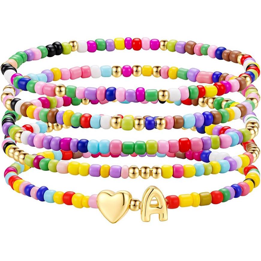 Handmade Bohemian Heart & Letter Beaded Bracelet Set with Rainbow Seed Beads B