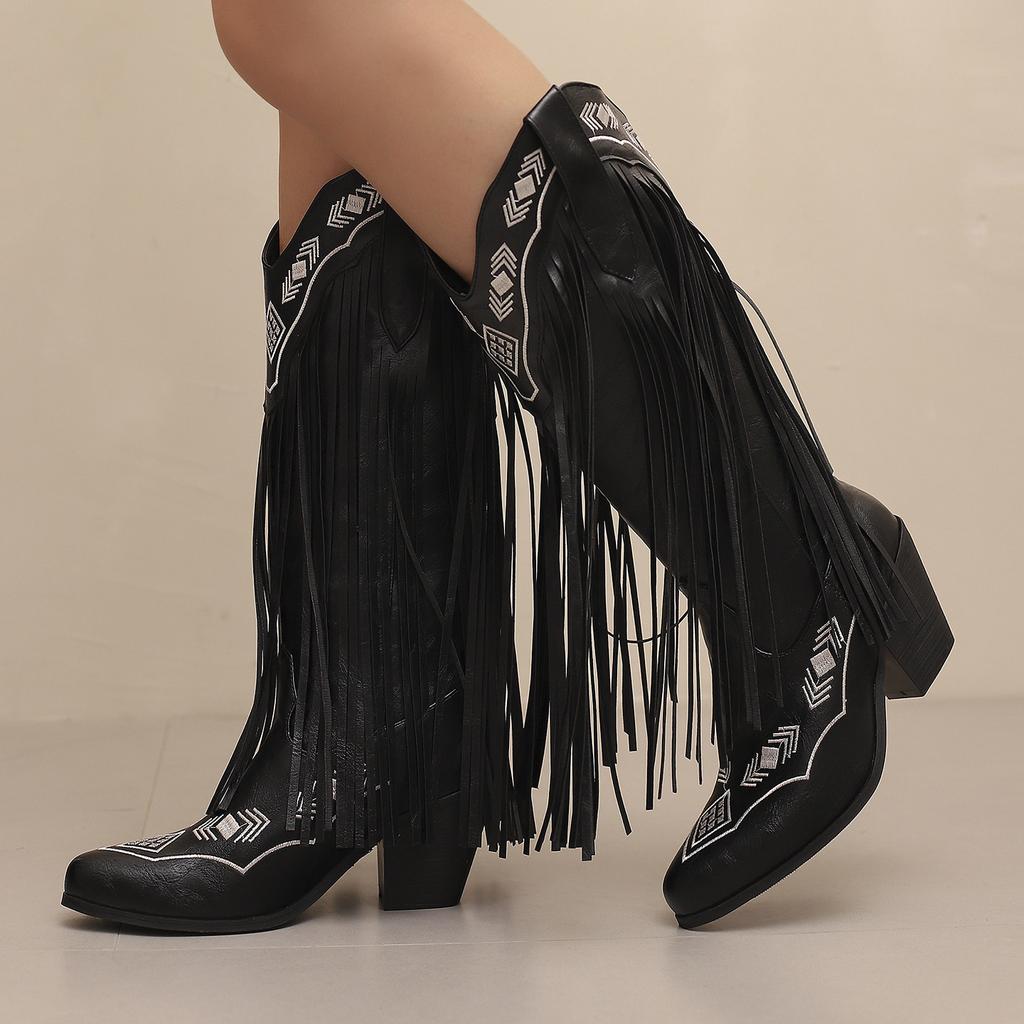 Embroidered Medium Boots Ethnic Fringed Boots 40-48 Large Size Boots Thick High Heels