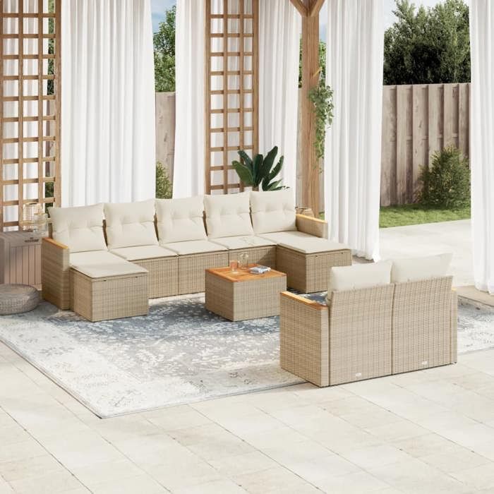 VidaXL Salon de Jardin avec Coussins 10 pcs, Canapés de Terrasse, Ensemble de Meubles de Patio, Mobilier d'Extérieur, Beige 3226408