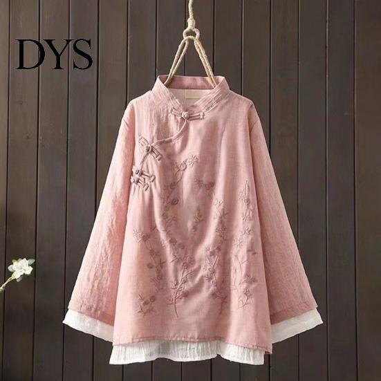 Lady Fall Spring Top Women Retro Chinese Style Embroidered Flower Pattern Knot Button Solid Color Keep Warm Loose Stand Collar Plus Size Vintage