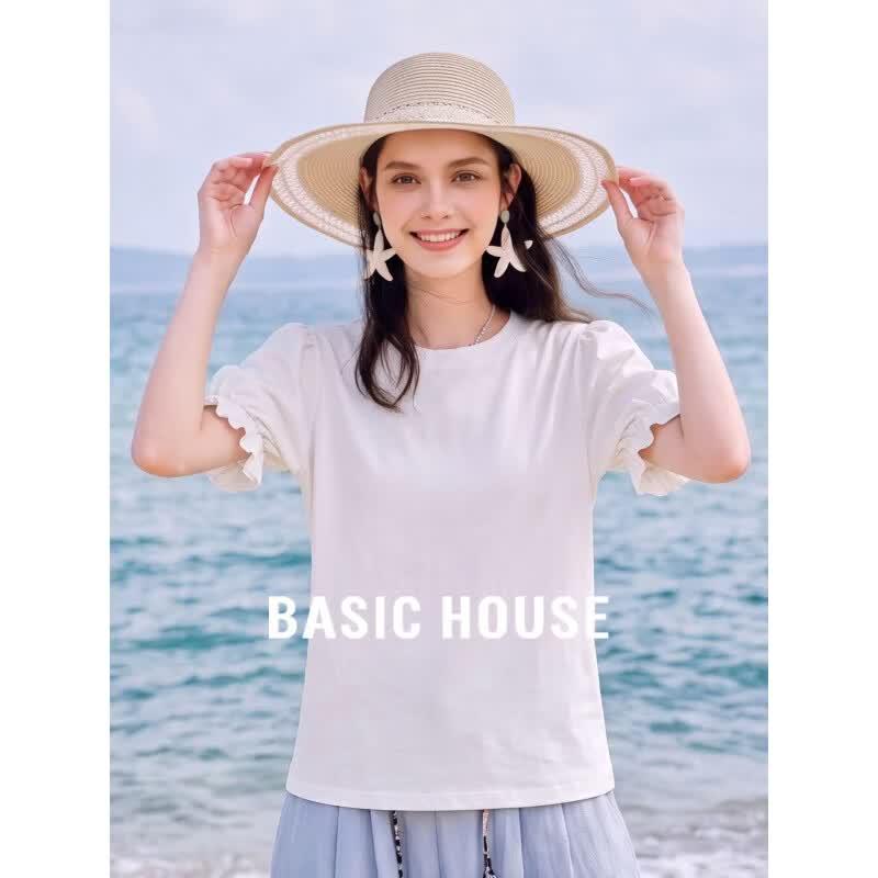 Basic House Women s Puff Sleeve Round Neck T-Shirt XL