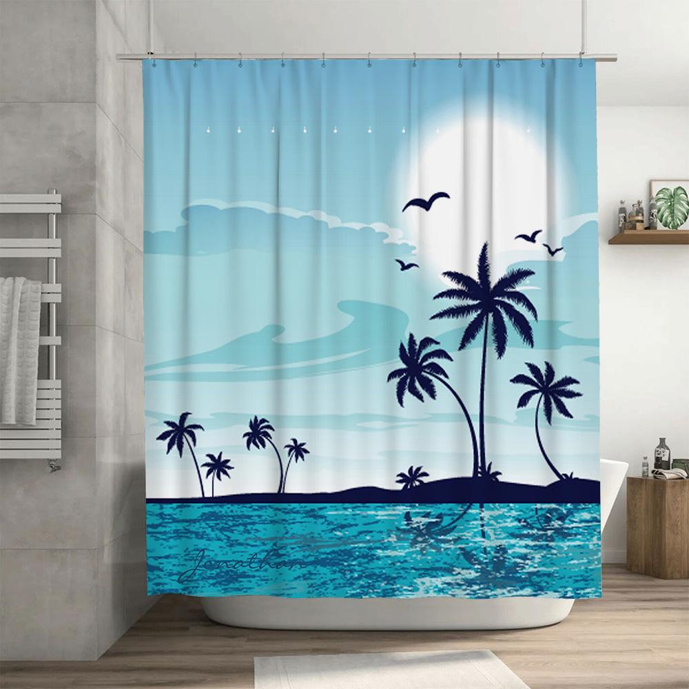 Tropical Island Sunset Palm Tree Blue Shower Curtain Ideal for Beach Themed Bathrooms (Sized 69x70)