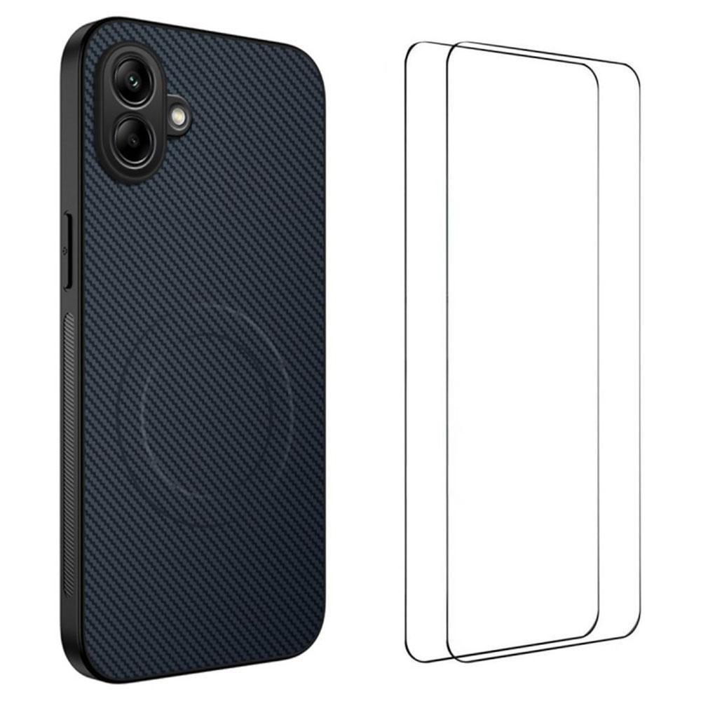 WANLONFENG TQ1 Series For Samsung Galaxy A07 Magnetic Case Carbon Fiber Texture PC TPU Phone Cover with 2Pcs Screen Films