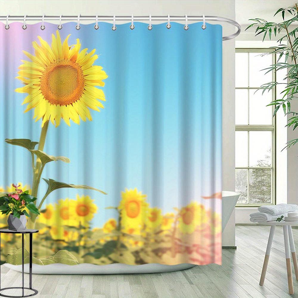 1pc Sunflower Shower Curtain Pattern Bright Sunshine Floral Landscape Bathroom Decoration Polyester Fabric Contains 12 Hooks