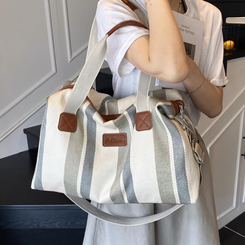 New Striped Short Trip Bag Women's Japanese Canvas Hand Luggage Large Capacity Shoulder Crossbody Bag
