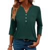 Dámské módní ležérní barevné tričko s V-výstřihem, ozdobným knoflíkem a tříčtvrtečním rukávem