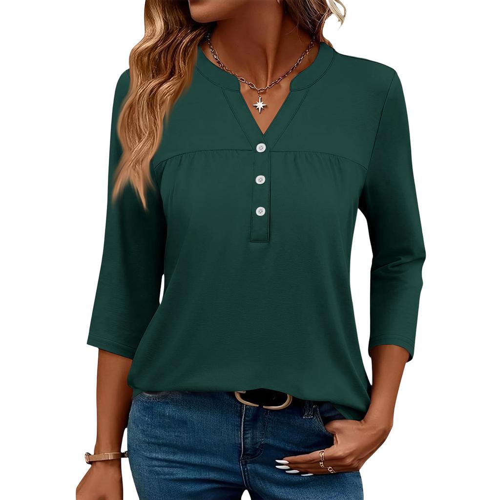 Dámské módní ležérní barevné tričko s V-výstřihem, ozdobným knoflíkem a tříčtvrtečním rukávem
