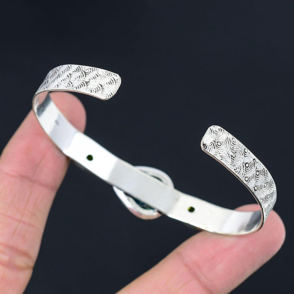Natural Chrysocolla Gemstone Bangle Adjustable 925 Sterling Silver For Girls
