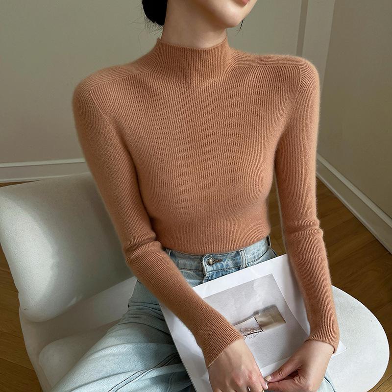 Women's Autumn/Winter Pure Cashmere Striped Slim-Fit Sweater with Half-High Neck