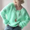 Soft and Fluffy V-Neck Long Sleeve Sweater Women's Autumn Winter Pullover Solid Color Lazy Style Loose Knit Top