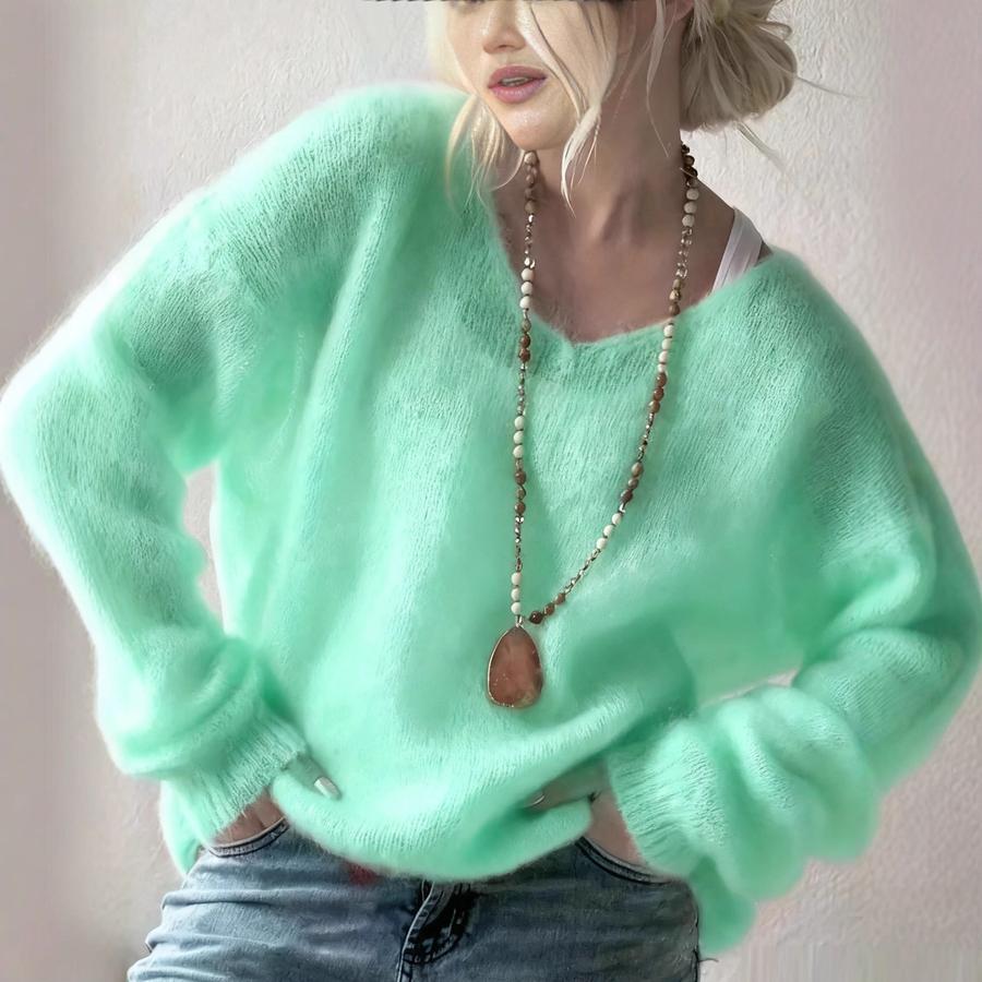 Soft and Fluffy V-Neck Long Sleeve Sweater Women's Autumn Winter Pullover Solid Color Lazy Style Loose Knit Top