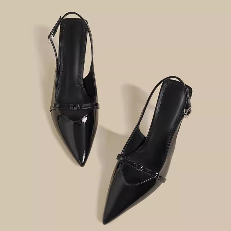 French bag head sandals women's 2025 summer new white patent leather pointed head temperament thin heel wear bow shoes