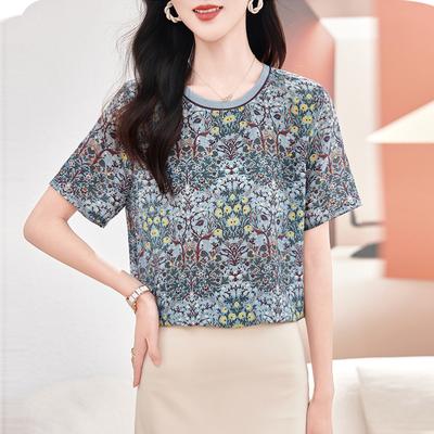 Silk Top Women's Fashion Printed Short-sleeved T-shirt  New Thin Shirt Mulberry Silk Shirt