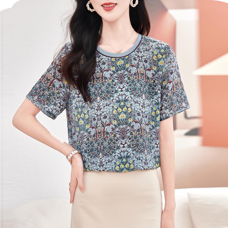 Silk top women's fashion printed short-sleeved T-shirt  new thin shirt mulberry silk shirt