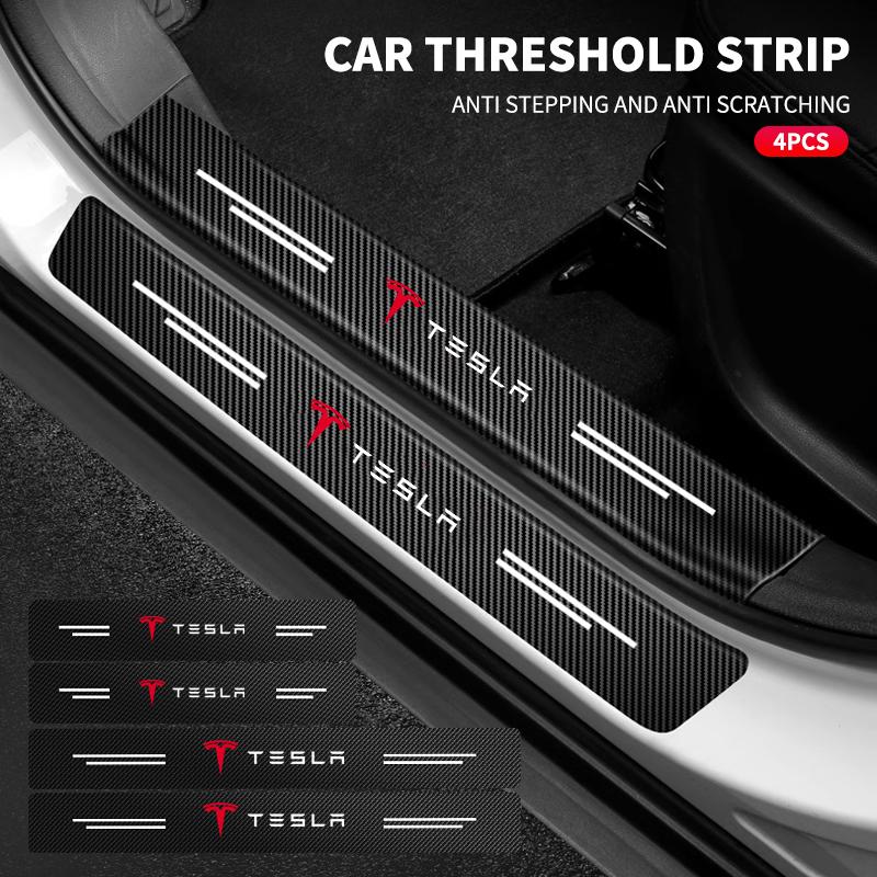 4Pcs/set Carbon Fiber Car Door Sill Threshold Protector Logo Stickers For Tesla Model 3 Model Model X Y Roadster Performance