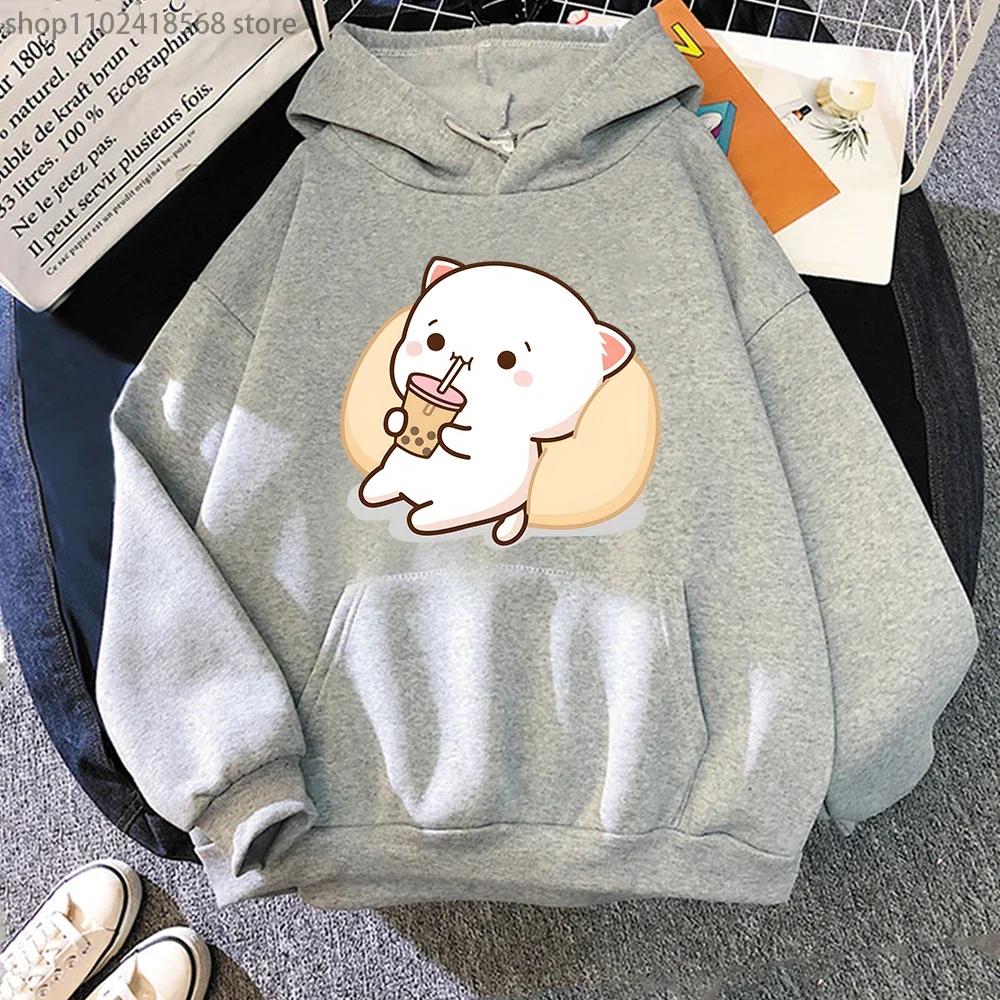 Mikiny Bubble Tea Broskvová Kočka Kawaii Potisk Mikina Ženy Harajuku Streetwear Kreslený Vzor O-Výstřih Top Oblečení