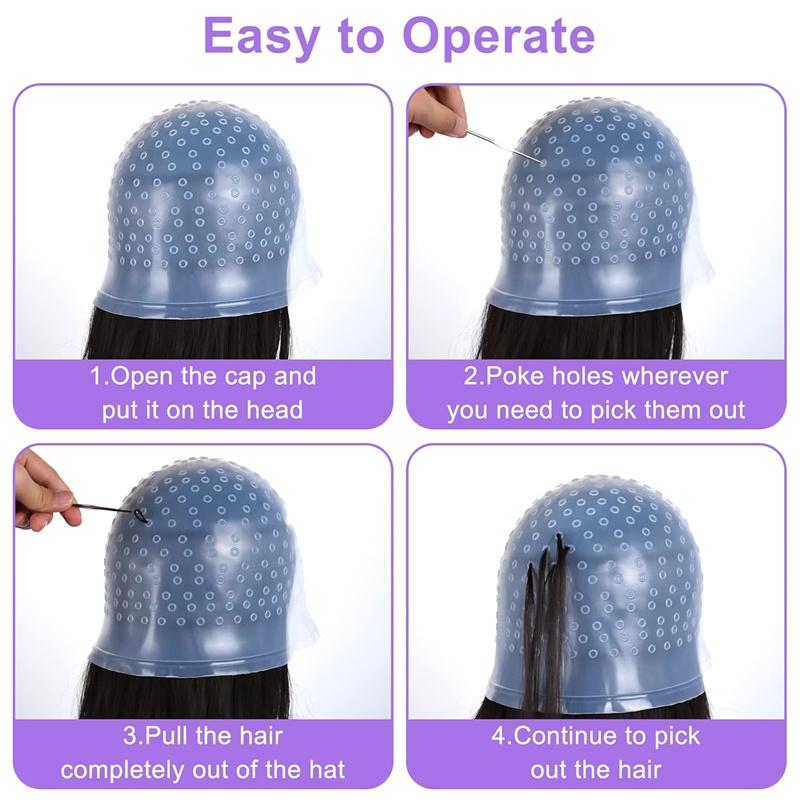 BEPAN 4 Stück Haarfärbe-Highlighting-Kappe mit Haken und Haarfärbehandschuhen Wiederverwendbare Highlight-Kappe Silikon-Haarfärbe-Färbekappe