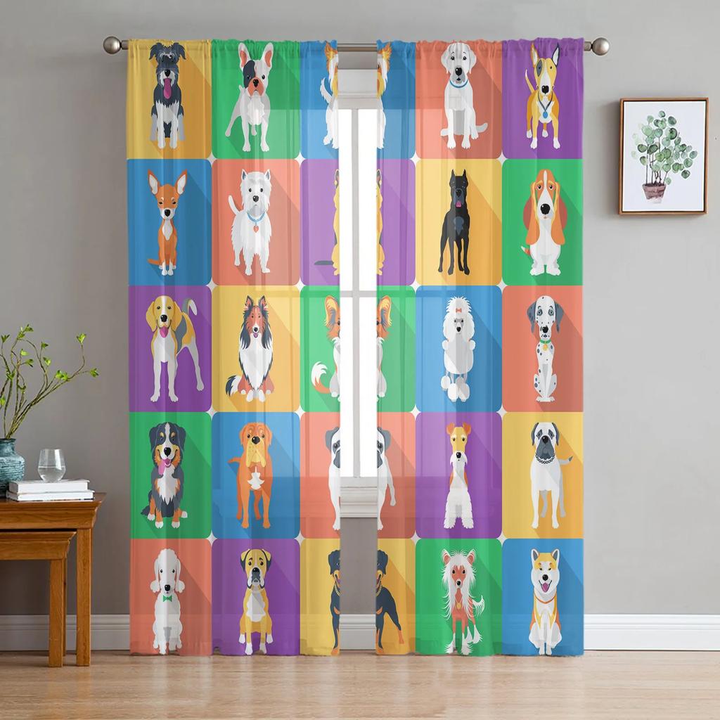 Light Filtering Bulldog Collie Animal Dog Tulle Curtains Living Room Bedroom Decoration Transparent Chiffon Voile Window Curtain Polyester Washable